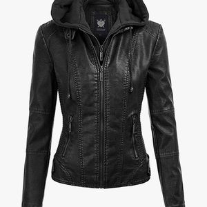 Leather womens black jacket sweatshirt material hood( is detachable)